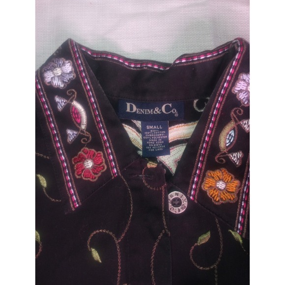 Vtg Denim & Co Blk Denim Trench Coat Embroidered Floral Multicolor‎ Small - Picture 5 of 9